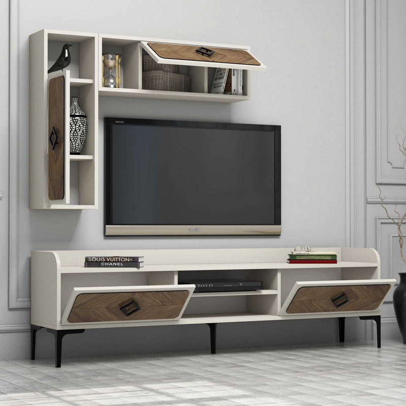Ensemble de mobilier de salon moderne (3 pièces), finition noyer et crème | Comprend un meuble télé (70,9 x 20,5 x 13,8 po), 2 tablettes murales (10,8 x 33,1 x 7,9 po), une table basse (41,3 x 13,6 x 23,6 po) | Panneau de particules enduit 100% mélamine, design élégant et fonctionnel