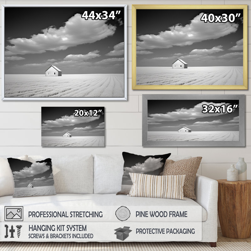 «Black and White Solitude Road I - Meadow», reproduction d'art sur toile encadrée, Cadre simple blanc