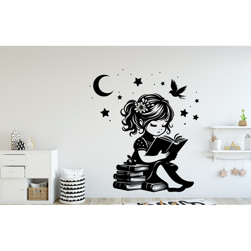 Une petite fille lisant un livre, décalque mural, bibliothèque, lecture, art mural, amoureux des livres, salle de bain, décalcomanies murales, autocollants, vinyle