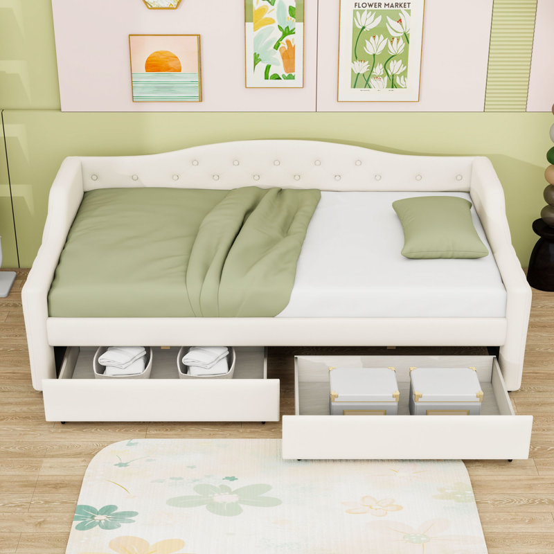 Lit de jour simple tapissier avec tiroirs de rangement et lumière DEL, Beige