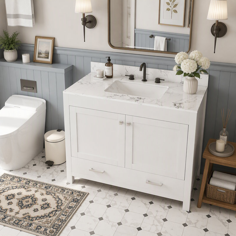 Freestanding Standard Single Vanity Bathroom Vanity With Carrara Marble Top