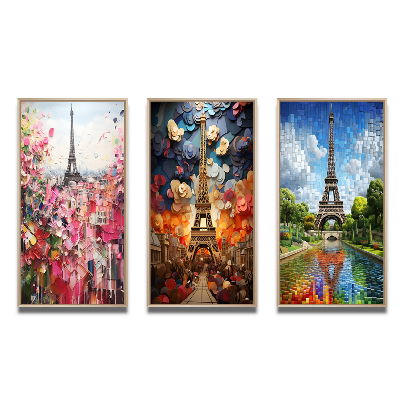 «Paris In Bloom Vintage Collage», 3 pièces, Cadre naturel flottant, H 28 po x l 36 po
