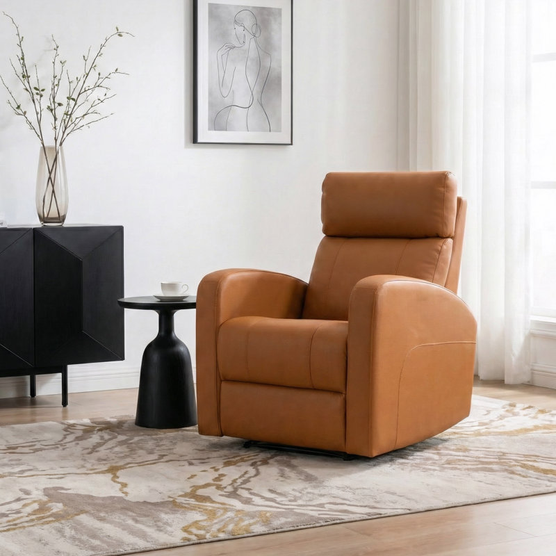 Fauteuil inclinable électrique en cuir fleur 31,1 po Joris avec appui-tête réglable, USB-A et USB-C, Cuir fleur brun clair