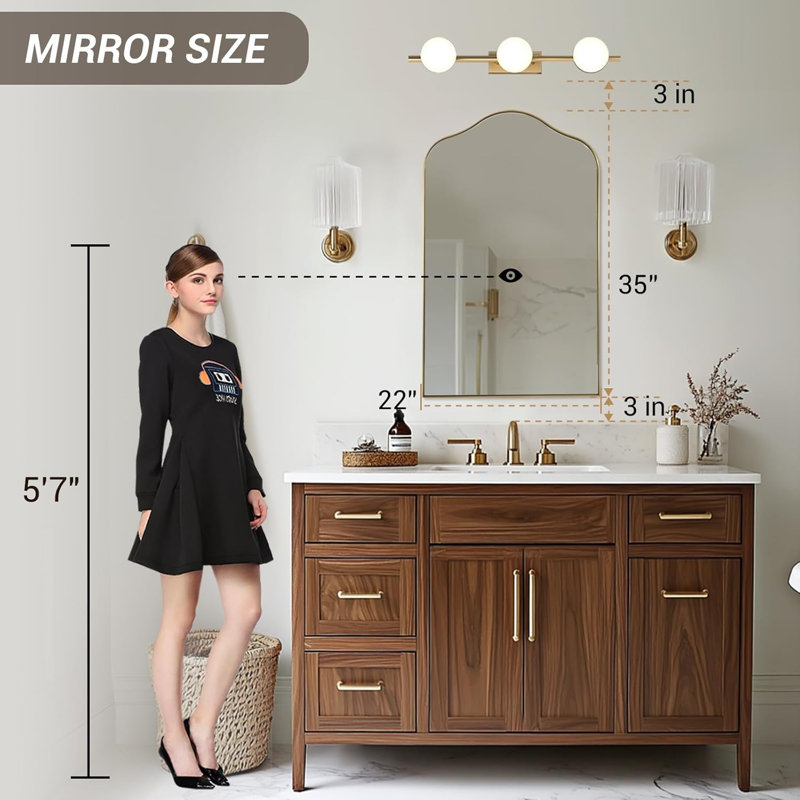 Aremi Contemporary Scalloped Arch Top Bathroom Vanity Mirror | Stainless Steel Frame, 35" x 22", Brushed Gold