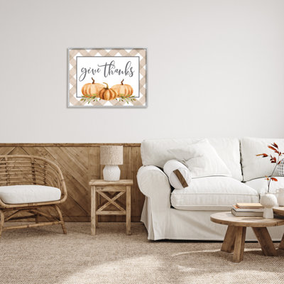 " Give Thanks Calligraphy Autumnal Tartan Pumpkin Border " by Lettered And Lined