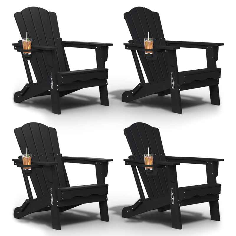 Black All-Weather HDPE Plastic Folding Adirondack Chair with Cup Holder for Patio & Garden (Set of 4), Black, 4