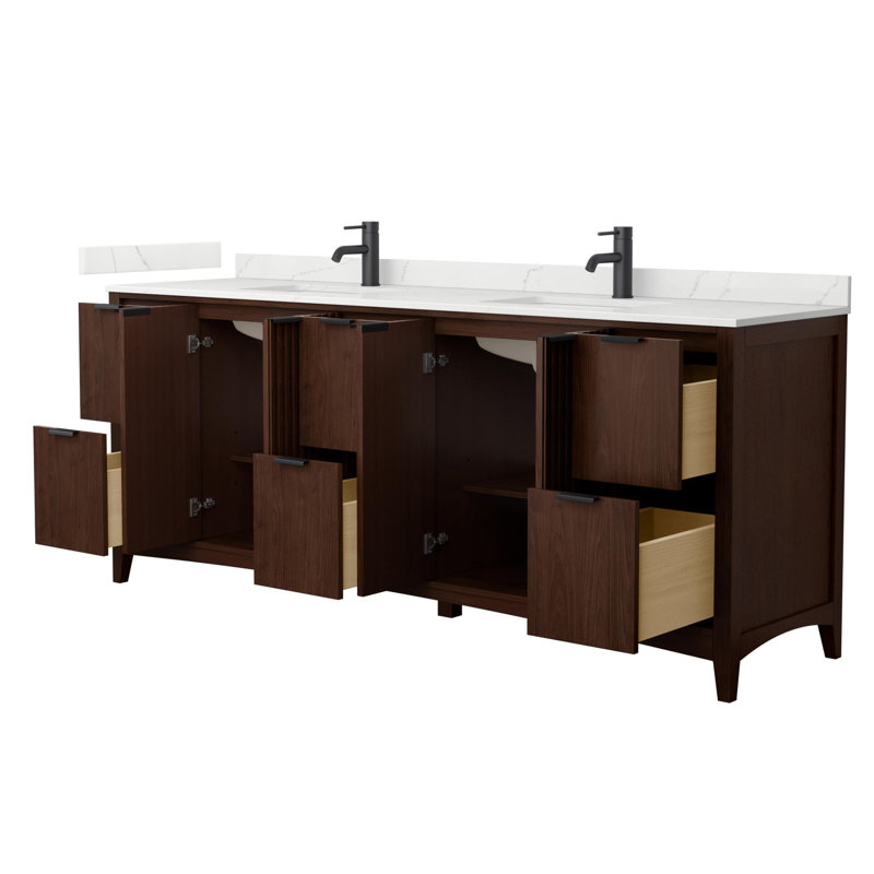 Palmilla 84" Freestanding Double Bathroom Vanity with Quartz Top, Brushed Gold, Beige, White Quartz