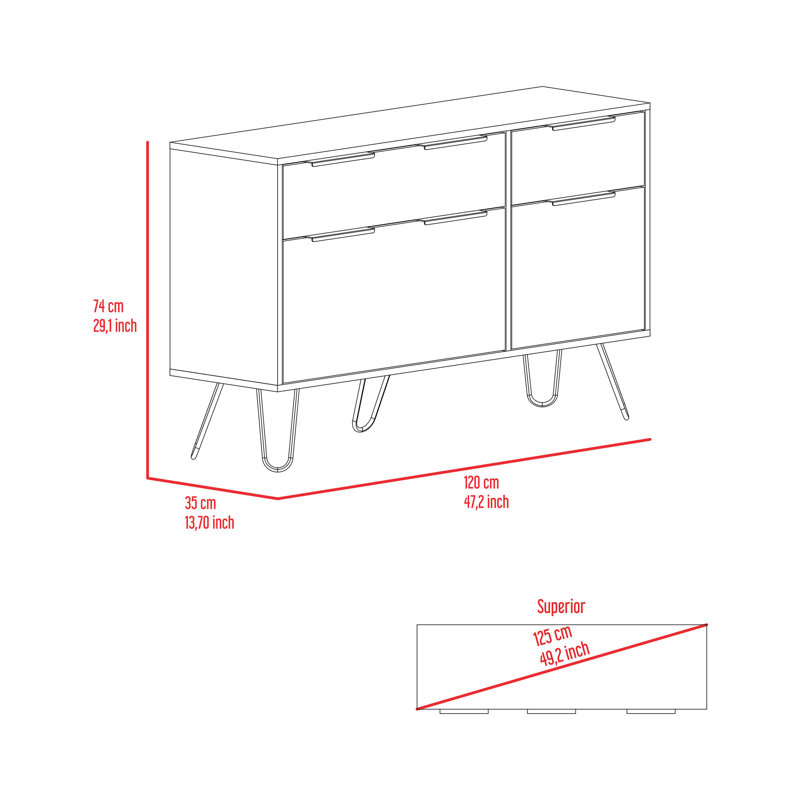 Commode double Augusta, plateau supérieur, pieds en épingle à cheveux, quatre tiroirs