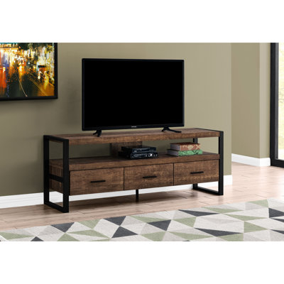Meuble télé 60 po, meuble télé moderne avec stratifié brun et métal noir, rangement pour le rangement de la chambre à coucher et du salon, métal
