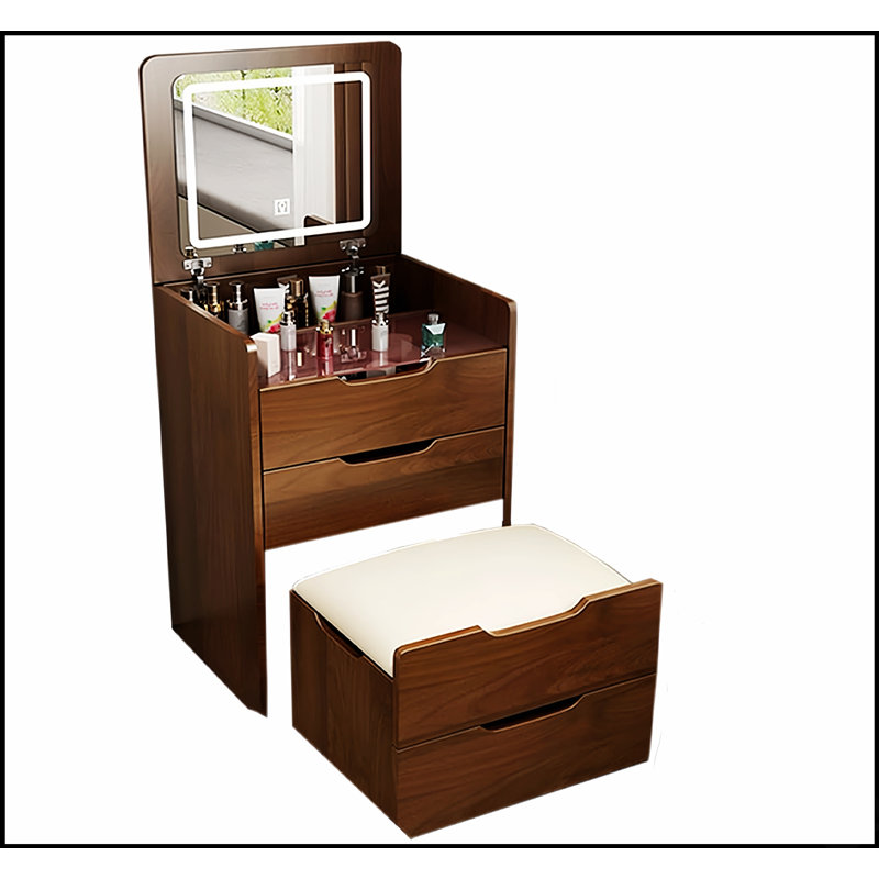 Bureau de coiffeuse 3 en 1 avec miroir rabattable, bureau en verre et 3 tiroirs pour une chambre à coucher moderne, Noyer