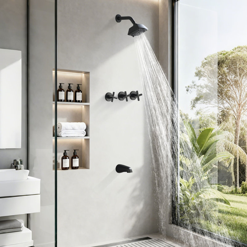 Système de douche mural avec bec de baignoire, robinet de douche de 5 pouces, ensemble de garniture de douche à 3 poignées en laiton avec valve brute