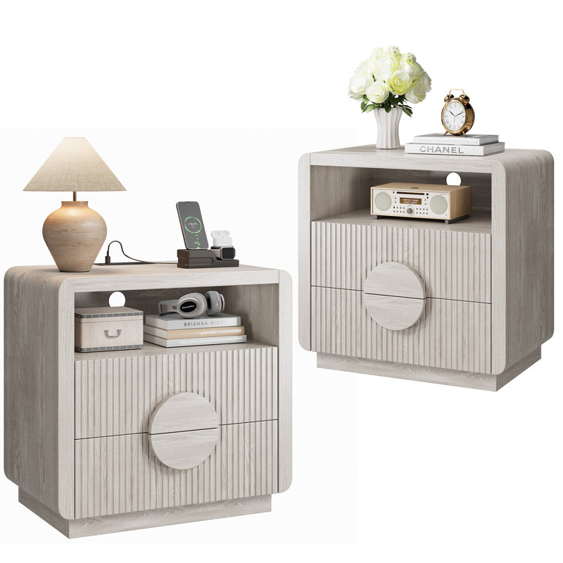 23" H 2-Drawer Nightstand Openwork Side Table With Charging Station, Slatted Panel Design & Open Shelf, Curved Profile End Table For Bedroom, Living Room, Sofa And Office (Set Of 2)