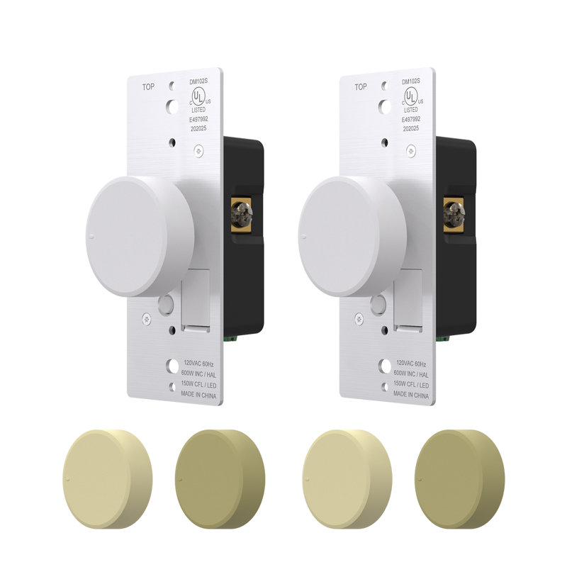 Rotary Dimmer Switch For Dimmable LED, CFL And Incandescent Bulbs, Single Pole/ 3-Way, White/Ivory/Light Almond (2 Pack)