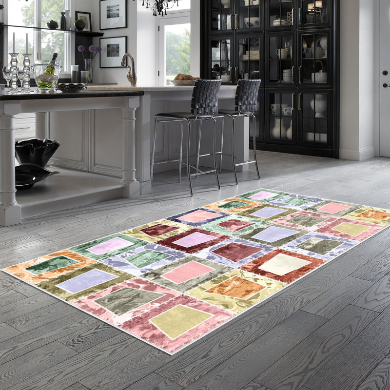 Tapis en polyamide tissé à la machine Flow en rose / vert / gris, Tapis de couloir 3 pi 3 po x 9 pi 10 po