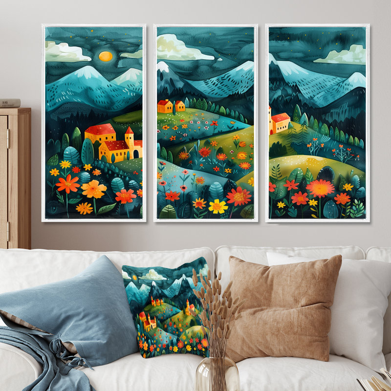 «Blue Red Summer Mountain Village Dream», ensemble d'art mural, Toile encadrée flottée blanche, H 32 po x l 16 po x P 1 po