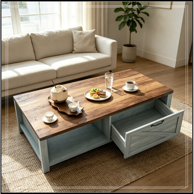 Table basse avec tiroir et tablettes ouvertes