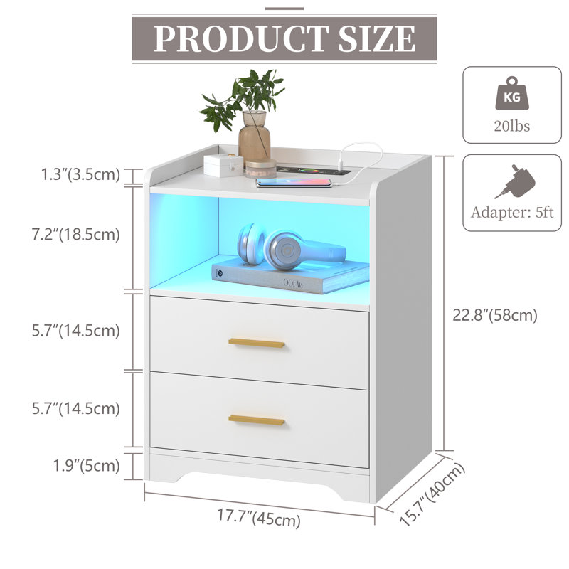 17.7"2-Drawers Modern Nightstand With 20-Color RGB Lighting and Motion Sensor, White