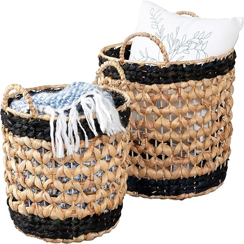 Set Of 2 Round Decorative Wicker Baskets With Handles, Natural/Black Natural