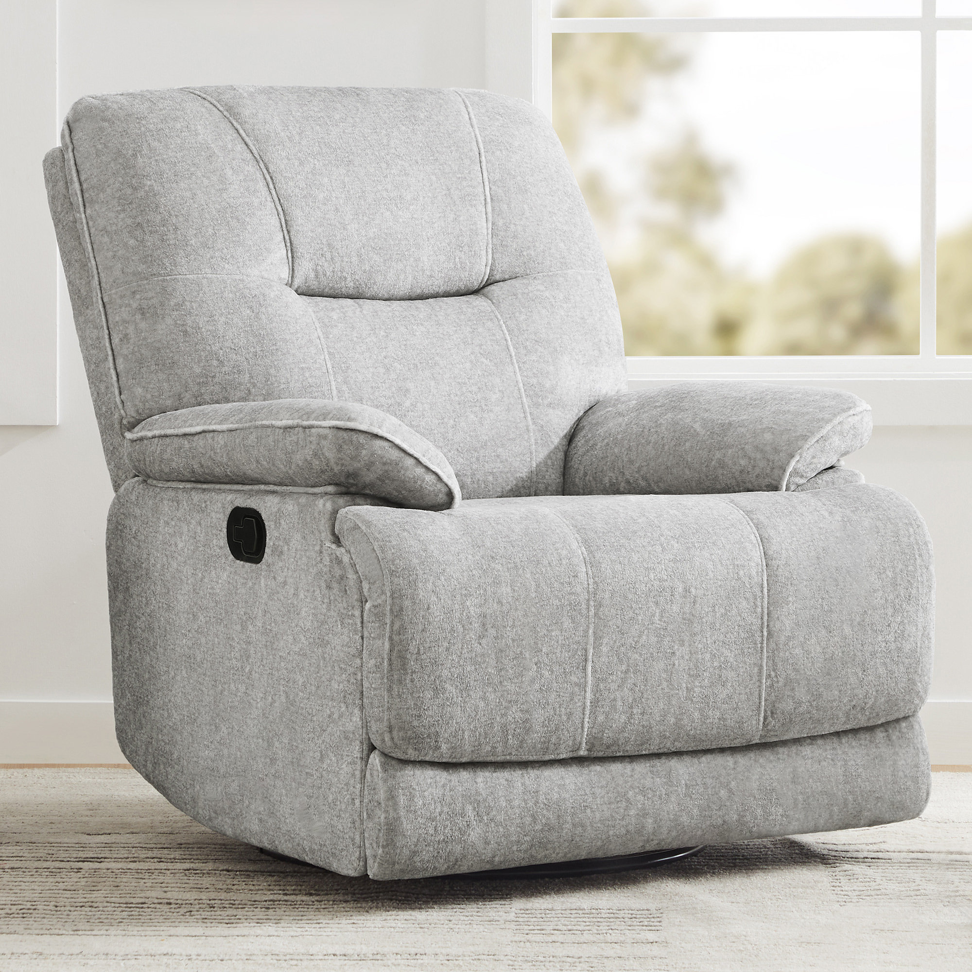 Taylor + Logan 27 in. W Gray Upholstered Transitional Style Pillow Back Recliner with Accent Nail Trim and Pushback Recline, Light Gray