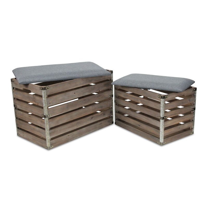 Kilgore (Set of )Two  Wood Slat and Upholstery Storage Benches With Flip Top, Gray, 17.5" H x 23.7" W x 14" D