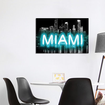 Neon Miami Aqua On Black by Hailey Carr - Wrapped Canvas Print