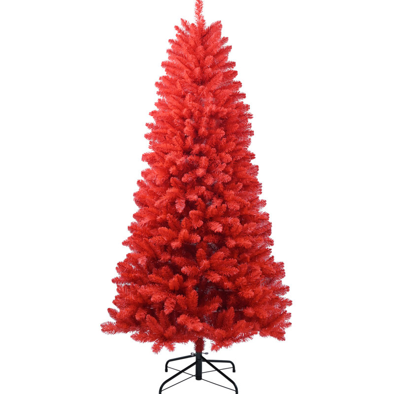 Arbre de Noël rouge de 4 pi, 456 pointes pleine grandeur, structure à charnières pour un démontage rapide, support solidement fixé, conception rapide, stable