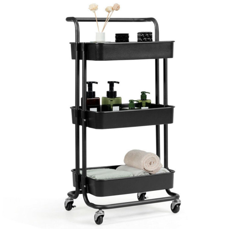 Black 3-Tier Metal Rolling Utility Cart with Casters
