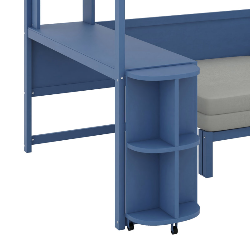 Multi-Functional Loft Bed Featuring Study Desk, Bedside Shelf and Sofa, Navy Blue