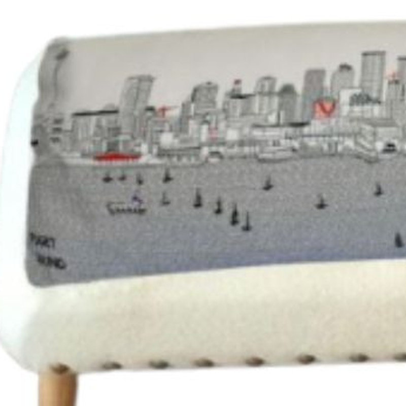 38" Cream Wool and Brown Ottoman