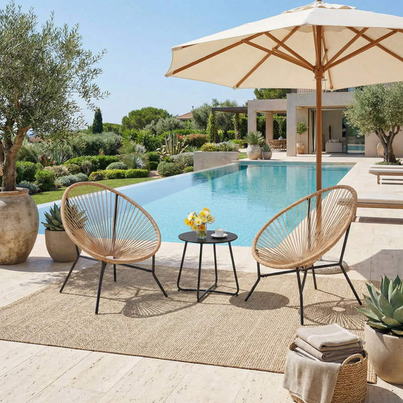 3 Piece All-Weather Patio Furniture Set with Coffee Table, Natural/Black