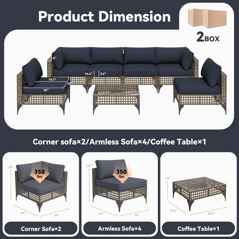 7-Piece Patio Outdoor Furniture Set With Table, Dark Brown/Dark Grey