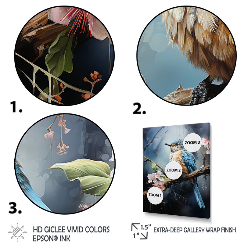 Oiseau bleu murmures au clair de lune V - Art mural oiseau, Cadre simple noir, H 40 po x l 30 po x P 1,5 po