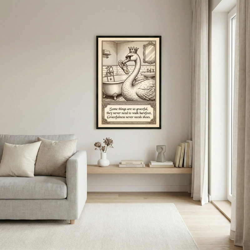 Cygne couronné dans une salle de bain, style croquis vintage, toile tendue sur châssis, lot de 1, H 24 po x l 16 po