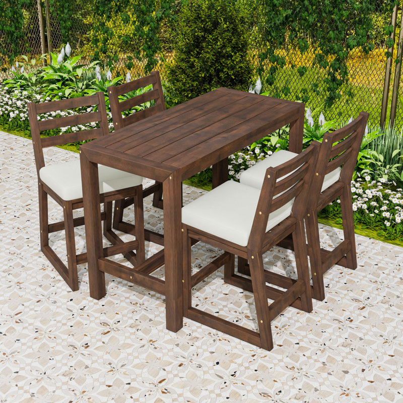 Ensemble de bar d'extérieur 5 pièces avec table haute et 4 chaises à dossier à lattes pour le balcon ou la cour, Moka