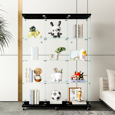 Grande vitrine en verre avec 4 tablettes noires pour le salon, offrant des capacités suffisantes, du vin, du whisky, du verre trempé de 5 mm, une chambre supplémentaire à cadre solide et une construction solide.