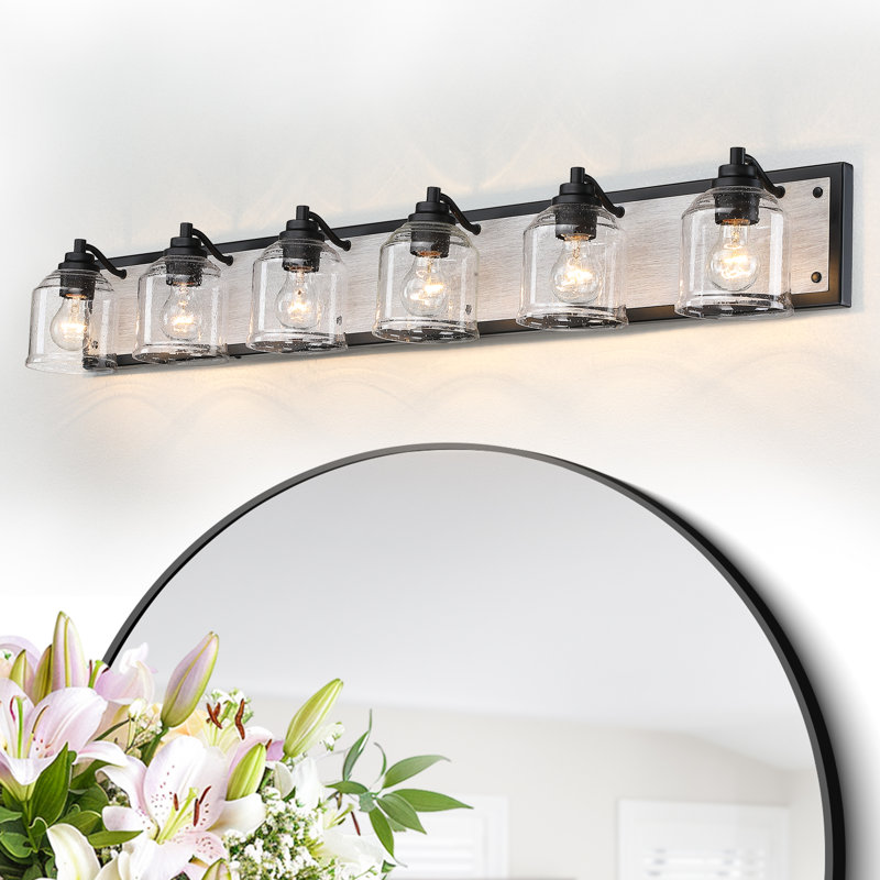 48.5"W 6-Light Farmhouse Faux Wood Grain Vanity Light with Seeded Glass for Bathroom & Mirror, Black/Gray, 6