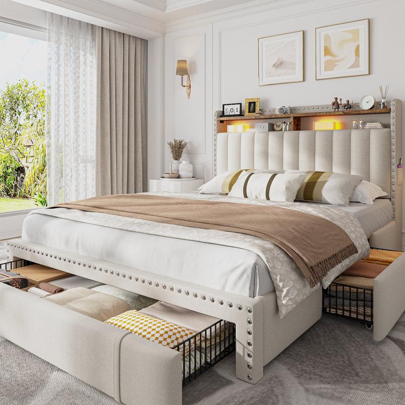 Jahlia Upholstered Storage Bed with 3 Drawers and 2-Tier Storage Headboard, Beige, Full