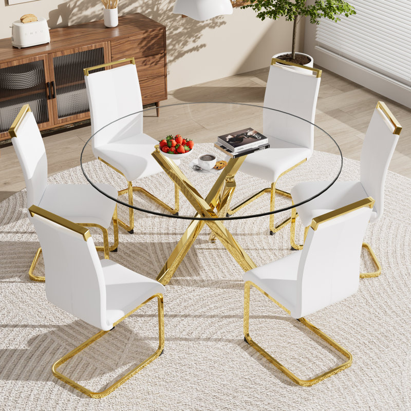 Ensemble de table de salle à manger 7 pièces, table ronde en verre trempé de 47 pouces et 6 chaises de salle à manger rembourrées.