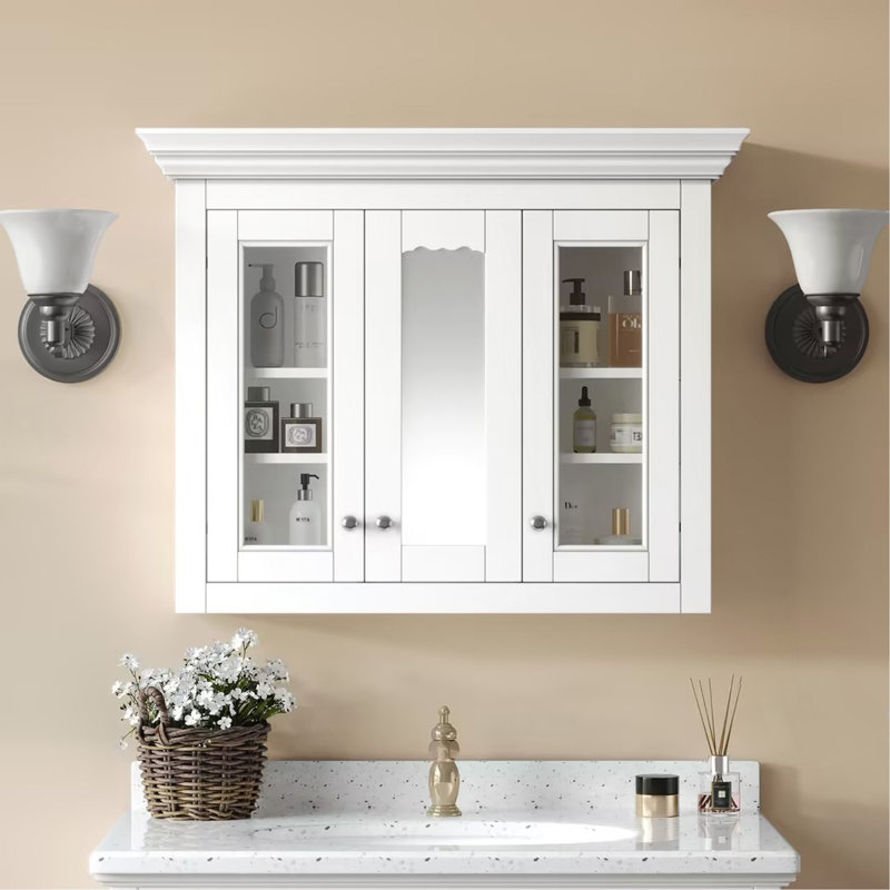 35" Bathroom Medicine Cabinet With Mirror, 5 Closed & Adjustable Shelves, Bathroom Wall Mounted Storage Cabinet With Glass Doors
