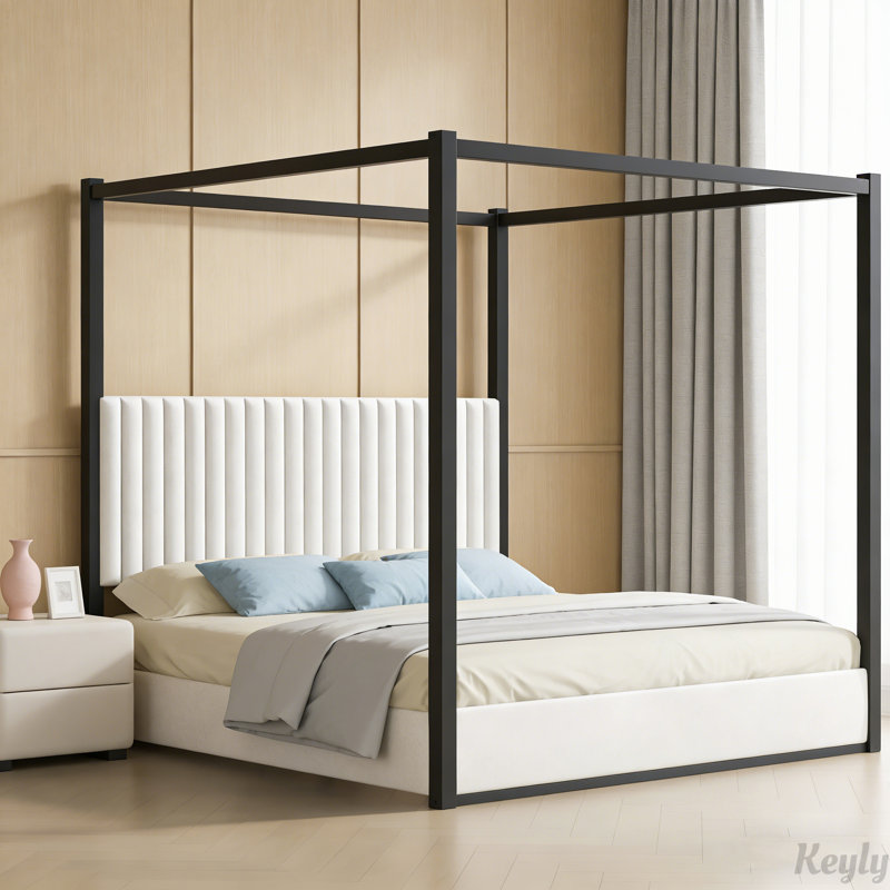 Lit à baldaquin avec tête de lit tapissier et structure en métal durable, parfait pour les chambres élégantes, Noir blanc