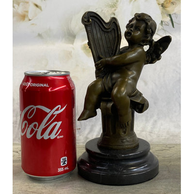 Armina Bronze Cherub Playing Harp Cherubim Statue Sculpture Figure Moreau 8 Inches X 5 Inches