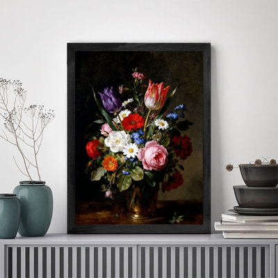 Reproduction encadrée noire rétro de diverses fleurs dans un vase, impressions sur toile de style rétro