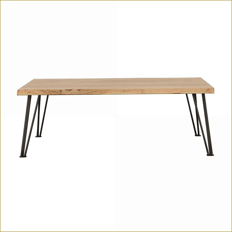 Table basse en bois d'acacia naturel avec pieds en épingle à cheveux noir mat, point focal rustique pour le salon