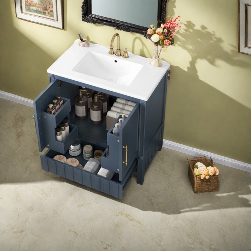 Multifunctional Blue Vanity And Sink, Solid Wood & Mdf, Modern Bathroom Storage
