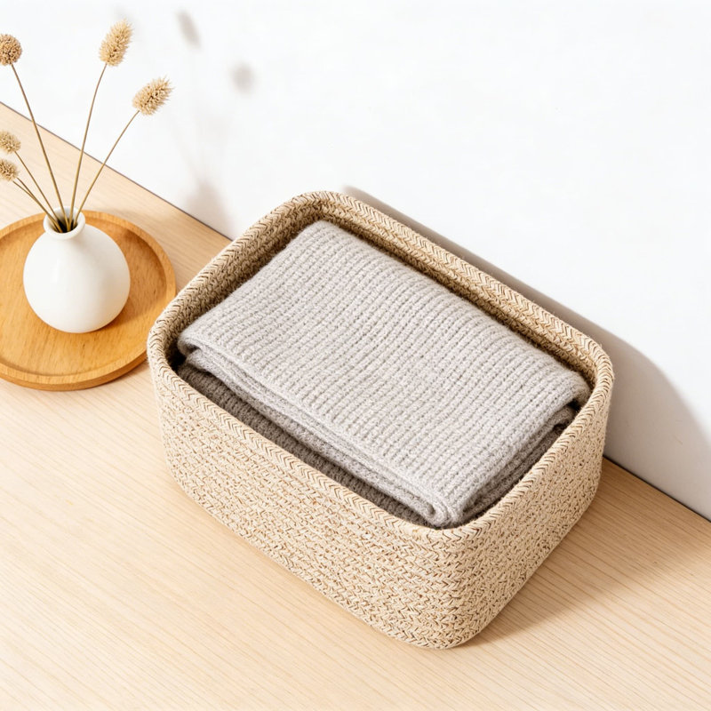 Woven Cotton Storage Baskets Set Of 3, Handmade Organizer Bins For Closet, Shelf, Desk, And Nursery, Decorative Rectangular Baskets For Home Organization