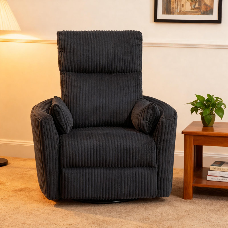 Black Corduroy Fabric Upholstery 1pc Accent Chair Swivel Glider Reclining Motion Solid Wood Living Room Furniture, Black