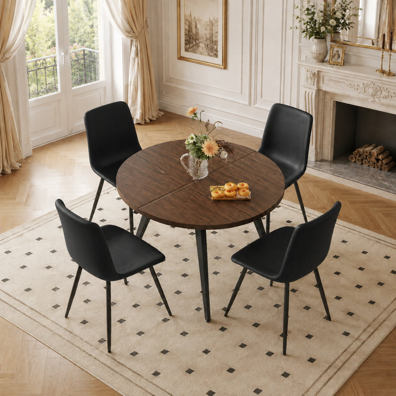  Laoise 4 - Person Extendable Dining Set with Round Table, Black, Brown, Black