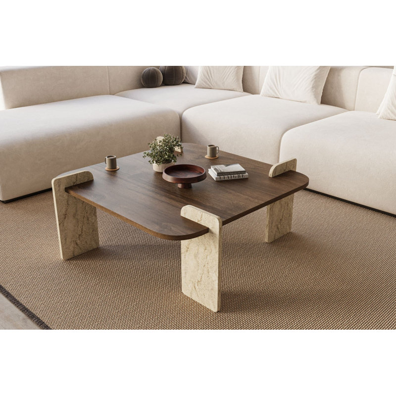 Table basse carrée en travertin et noyer, Beige, Travertin noyer