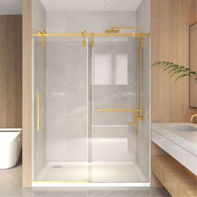 44-48" x 76" H Frameless Sliding  Shower Door, 5/16" (8mm) Clear Tempered Glass, Stainless Steel Frame,Brushed Gold