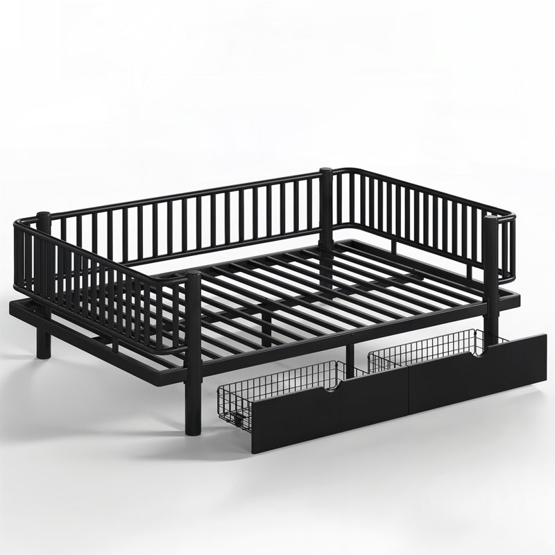 Lit plateforme avec tiroirs de rangement, Lit double, Noir